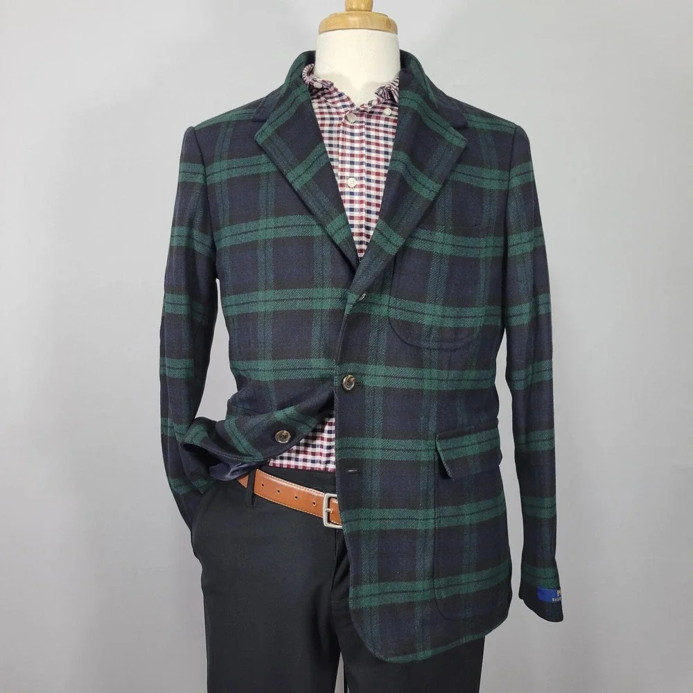 Polo Ralph Lauren Men's Sport Coat Two Button Flannel Tartan Navy Green Size 42R